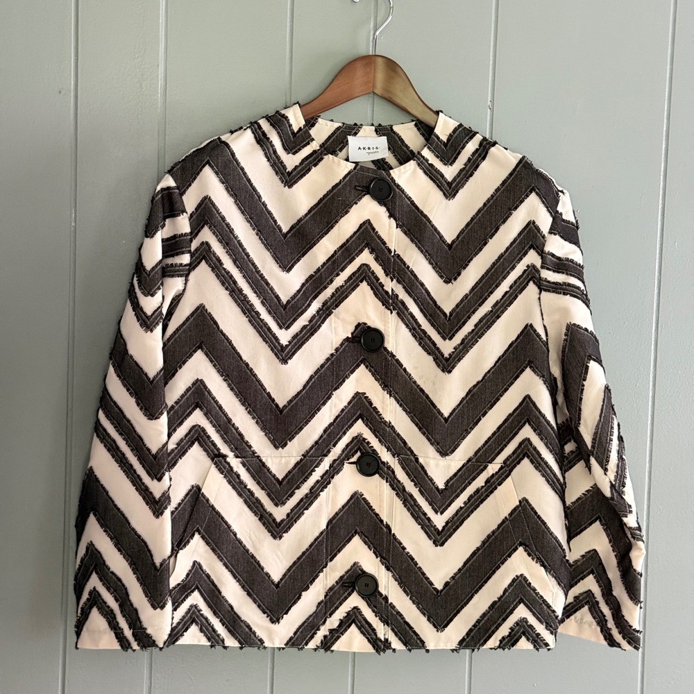 Akris Punto Chevron Fringe Lady Jacket Sz 10 Collarless Blazer Japanese Fabric